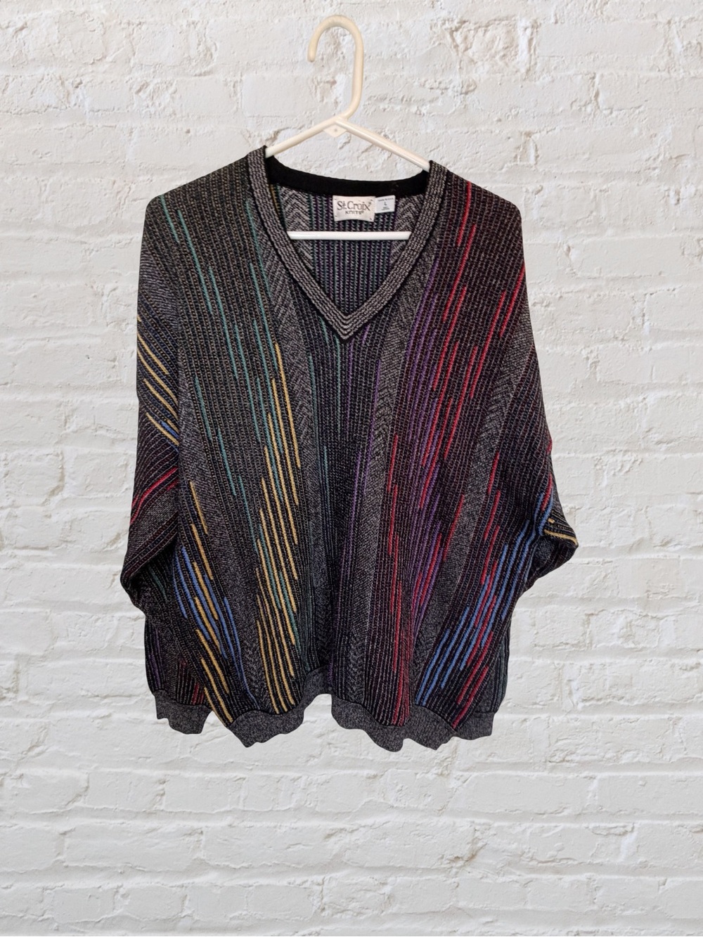 St. Croix Knits Vintage 90s Multicolor Stripe V-Neck Grandpa Sweater USA Large - Picture 2 of 6